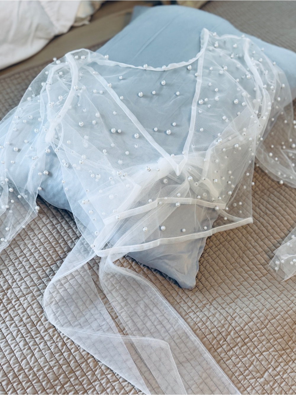 Sheer Pearl-Embellished White Mesh Top Never Worn